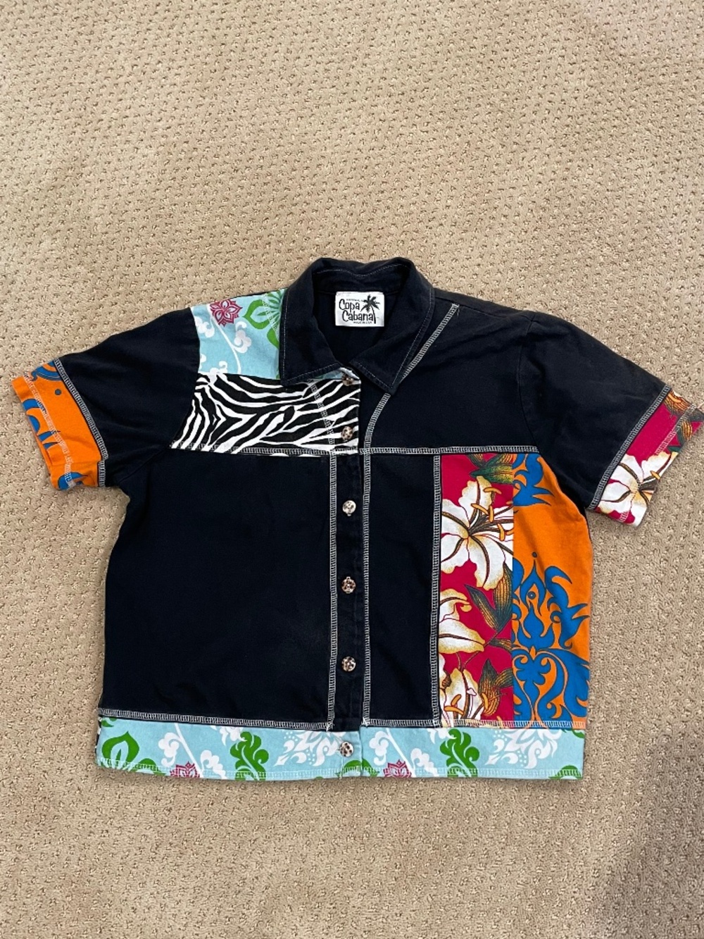 Vintage Copa Cabana Mixed Patchwork Floral Zebra Crop Shirt Size Large